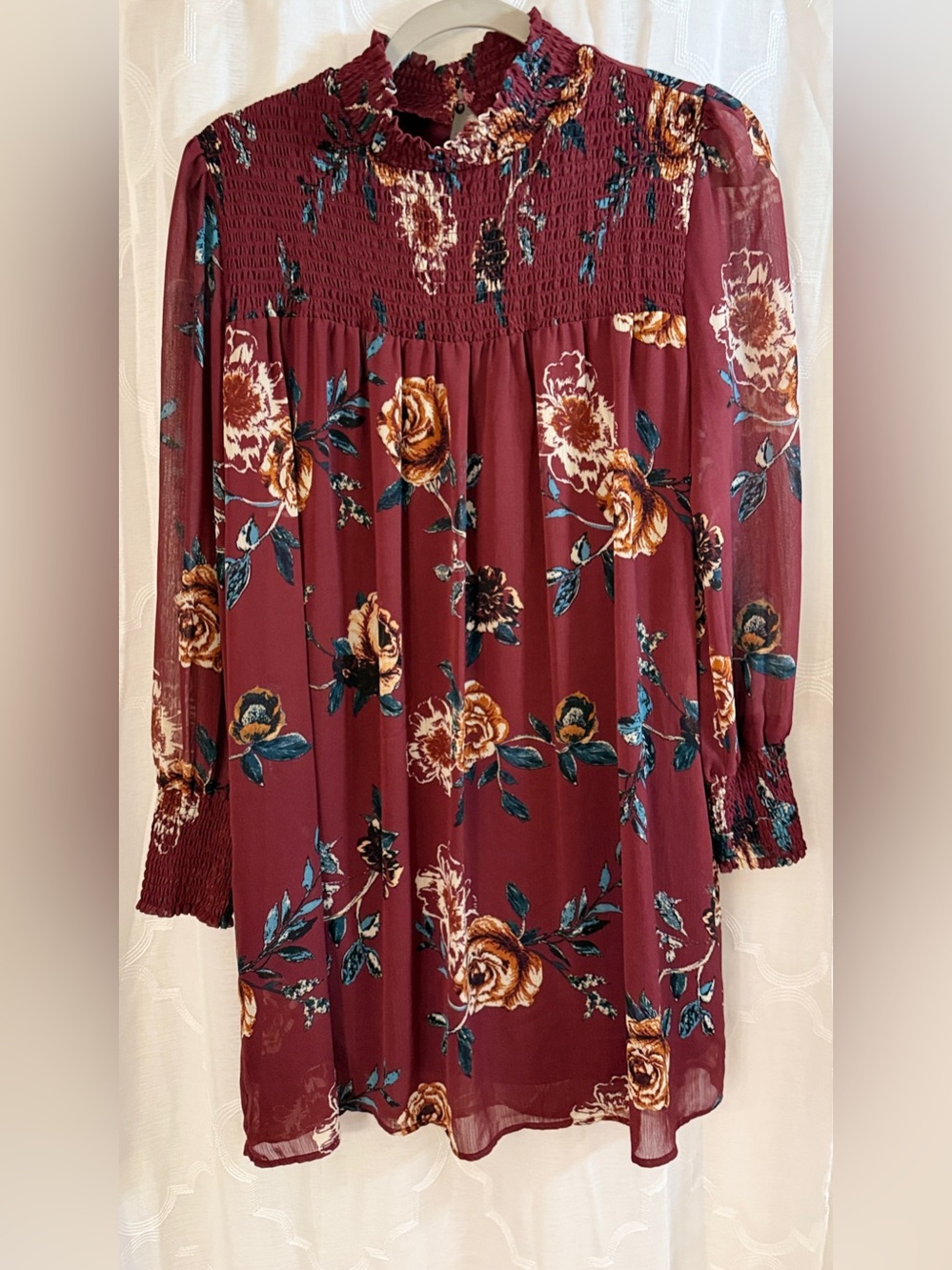 Ophelia Roe Burgundy Floral Smocked Mini Dress | Size Medium